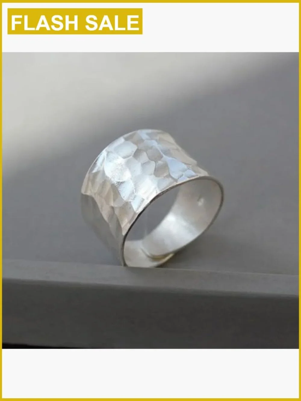 Hammered 925 Sterling Silver Adjustable Wide Cuff Band Ring